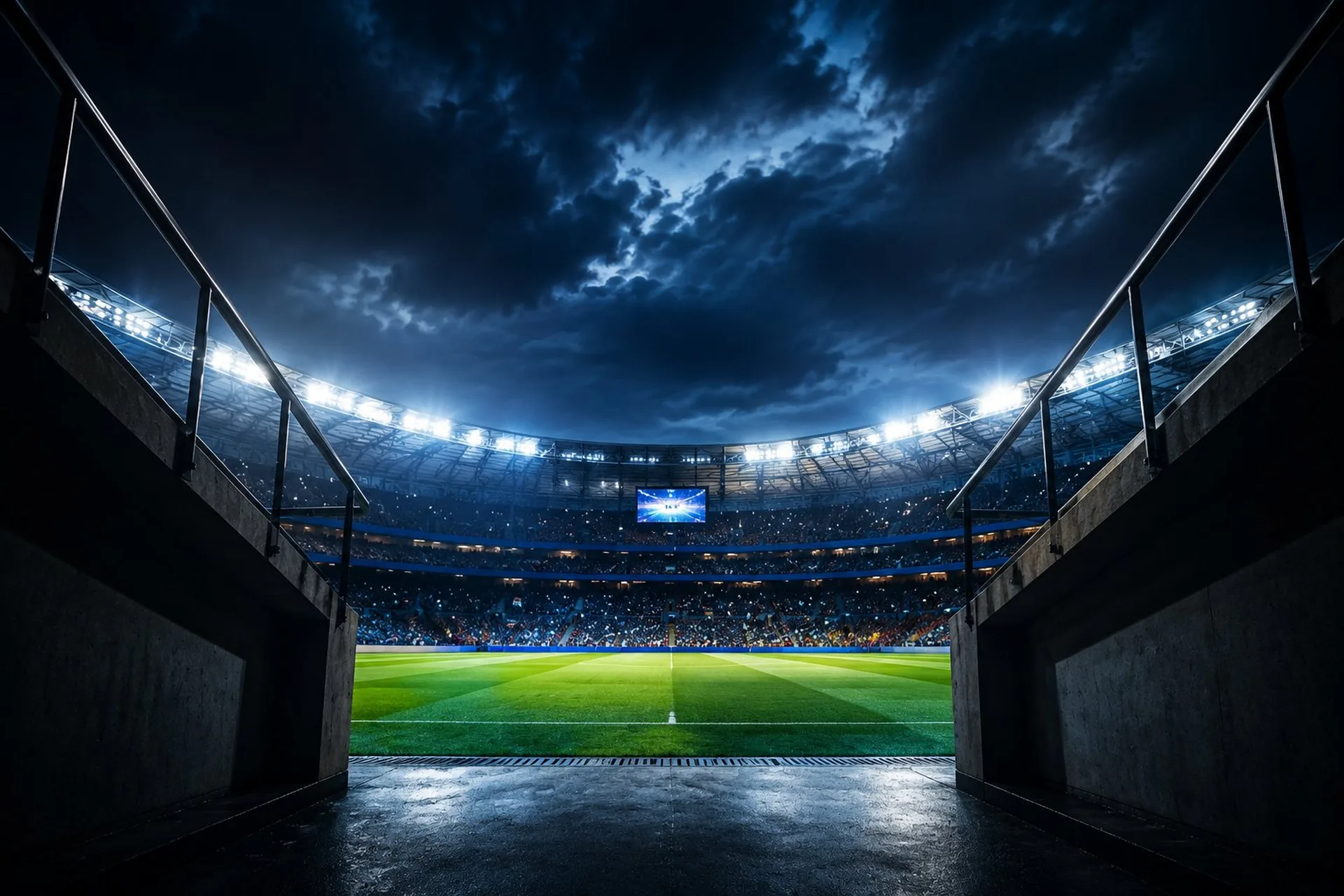 Football supporters filling a floodlit stadium on a World Cup matchday