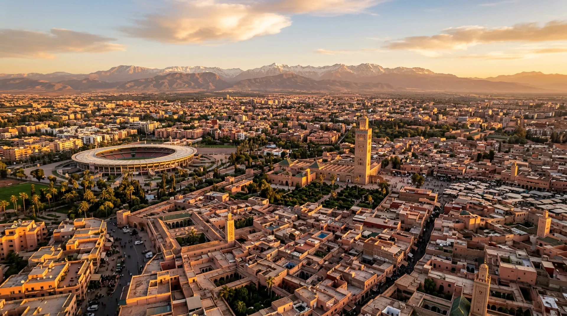 Marrakech medina stadium and Atlas Mountains