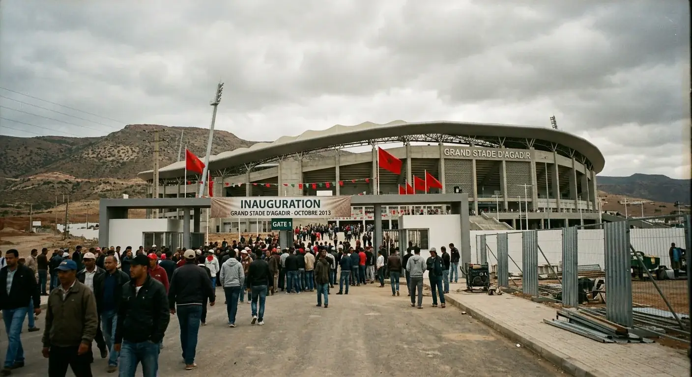 Archival-style photograph from Adrar Stadium's 2013 opening day inauguration, Agadir