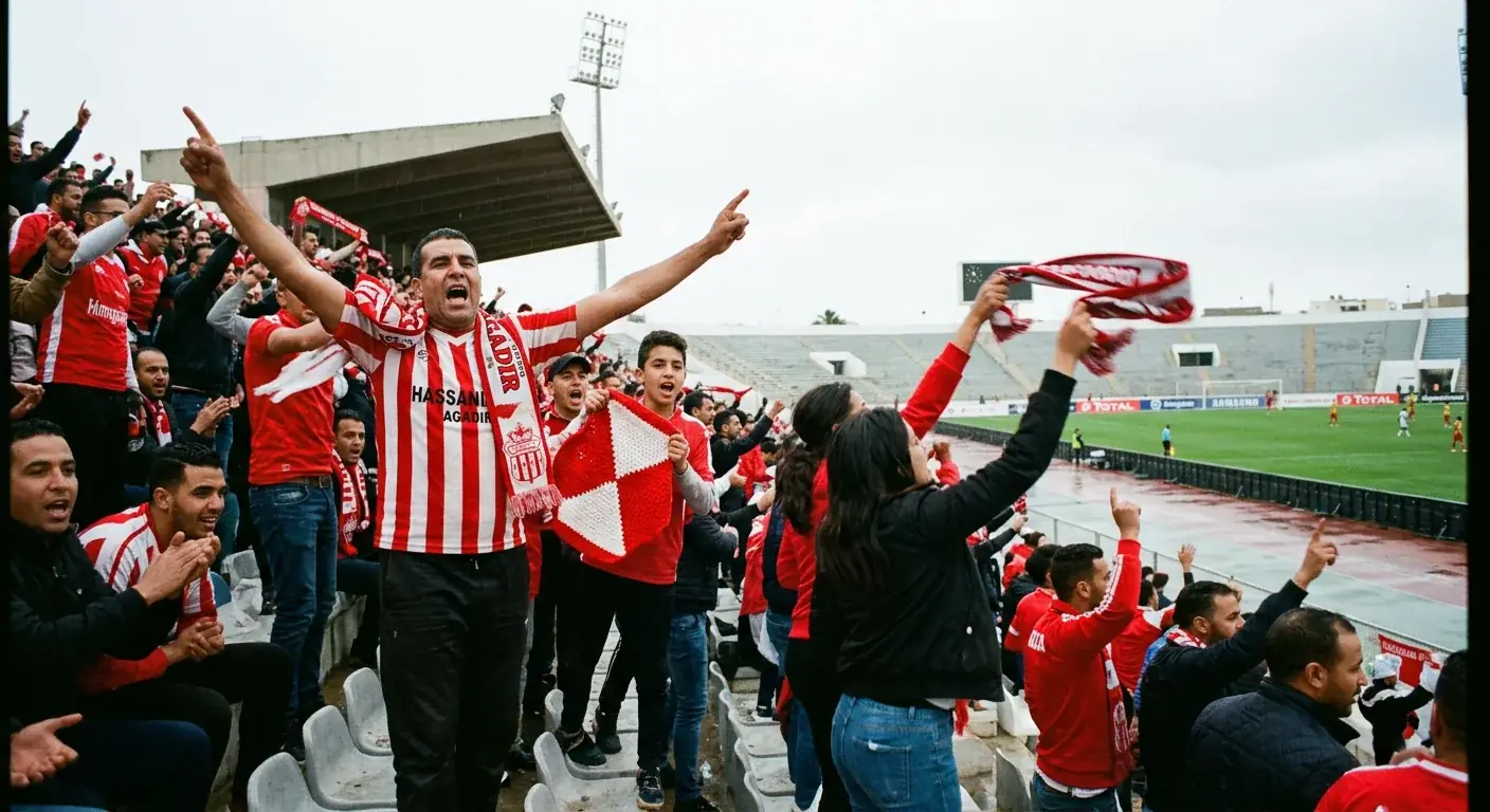 Hassania Agadir fans celebrating at Adrar Stadium during the club's 2018-19 CAF Confederation Cup run
