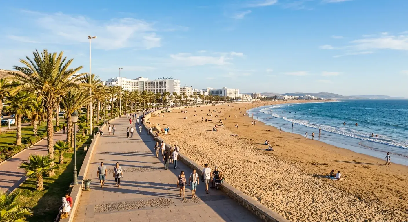 Agadir beachfront along La Corniche, the recommended area to stay for Adrar Stadium visitors