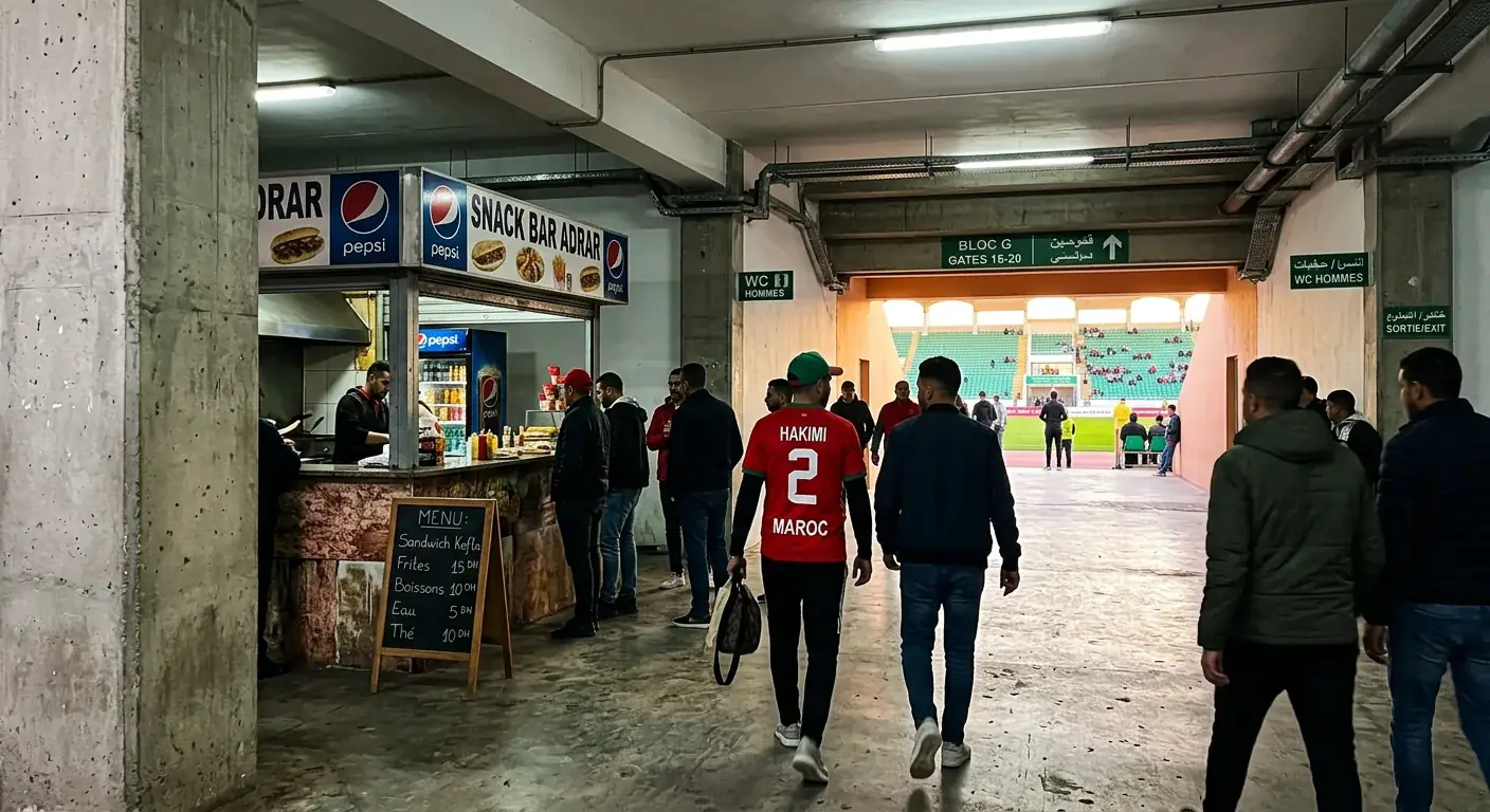 Fans walking through the concourse at Adrar Stadium, Agadir, on their way to the seating bowl on matchday