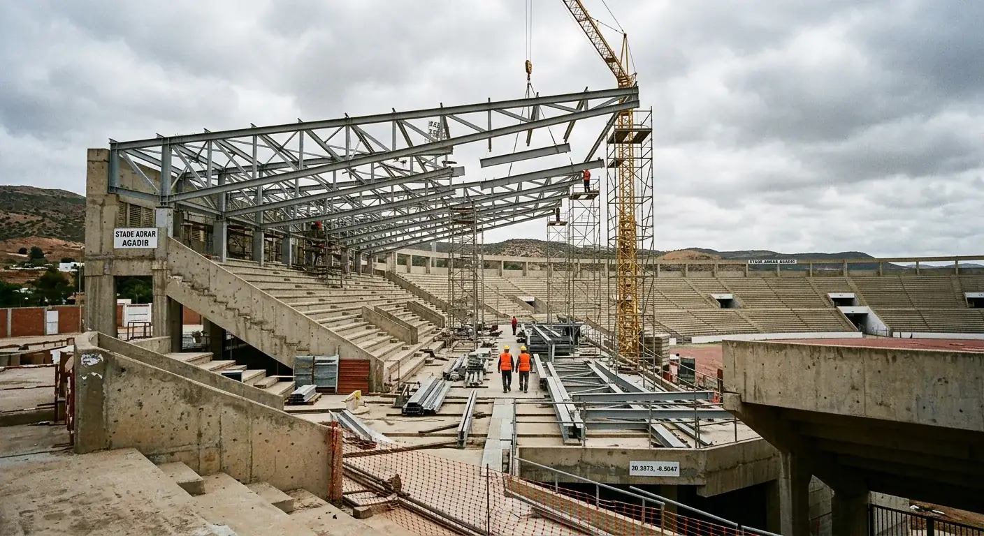 Phase 2 roof construction under way at Adrar Stadium, Agadir, ahead of the 2030 FIFA World Cup