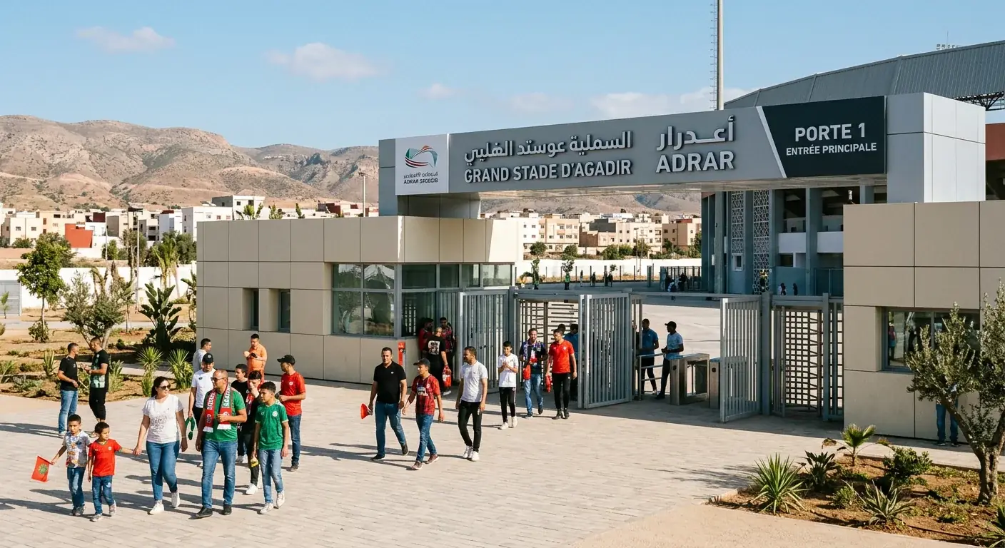 Adrar Stadium's main entrance today, Agadir, following the 2025 renovation