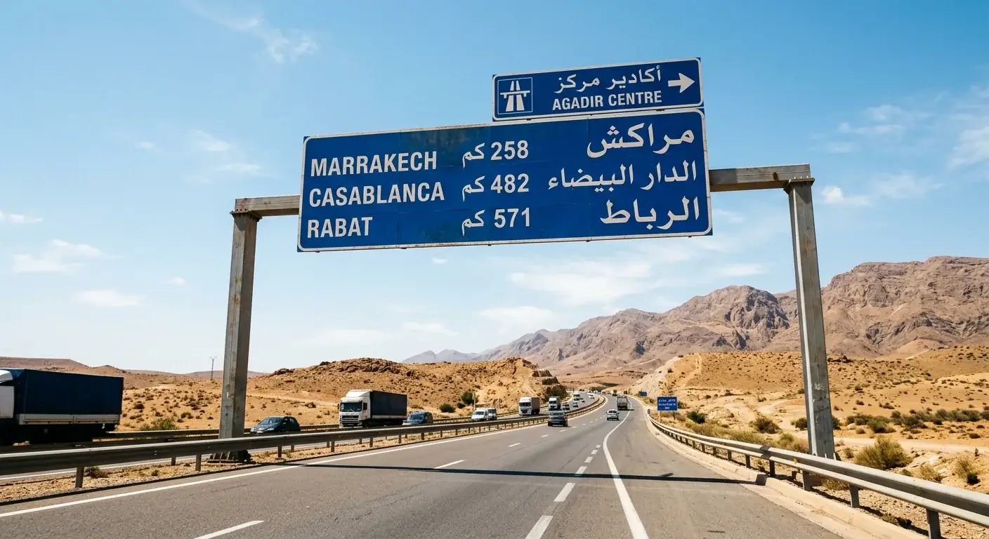 Moroccan highway road sign near Agadir showing distances to Marrakech, Casablanca and other cities