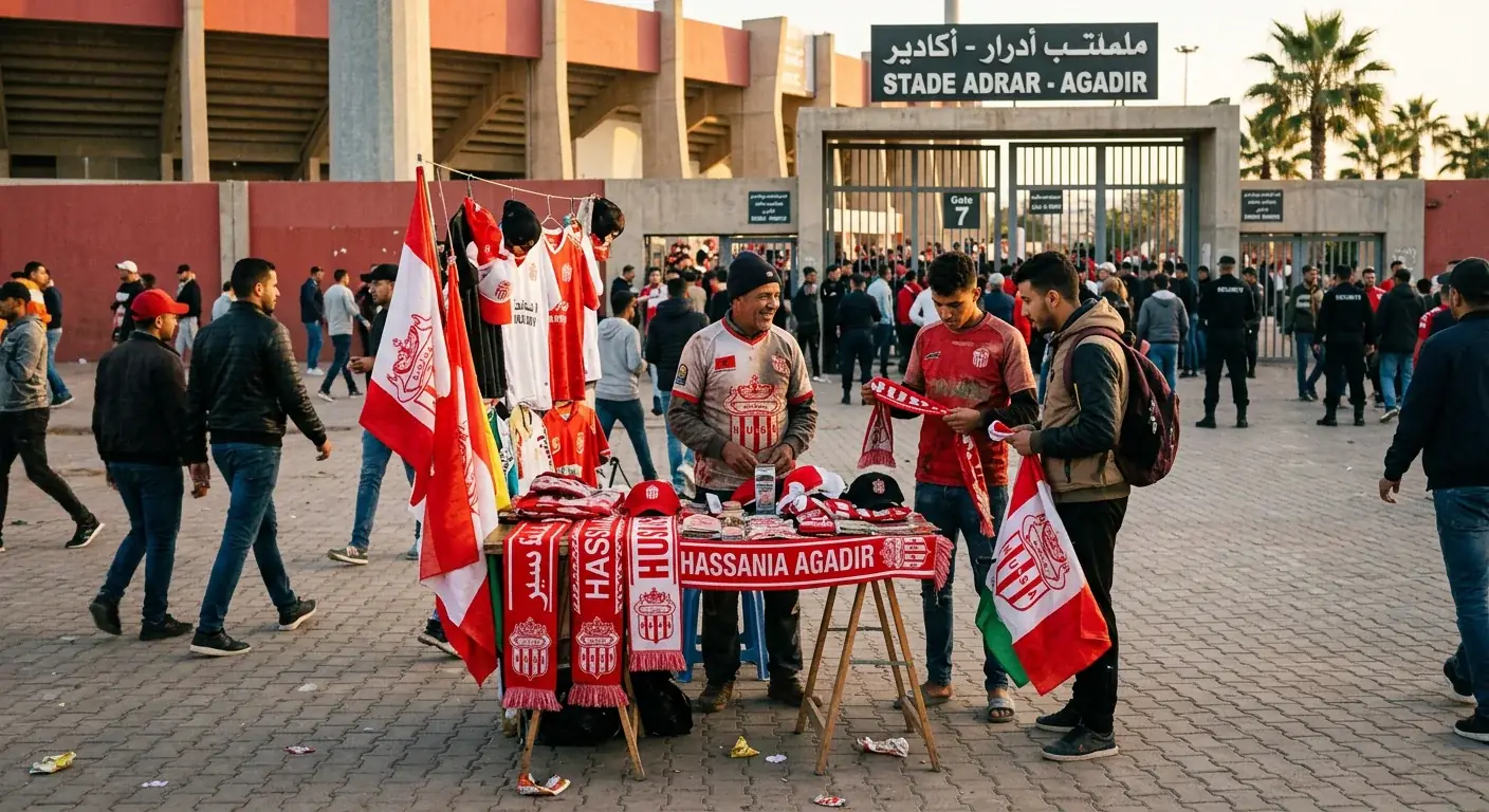 Street vendor selling Hassania Agadir scarves and flags outside Adrar Stadium on matchday