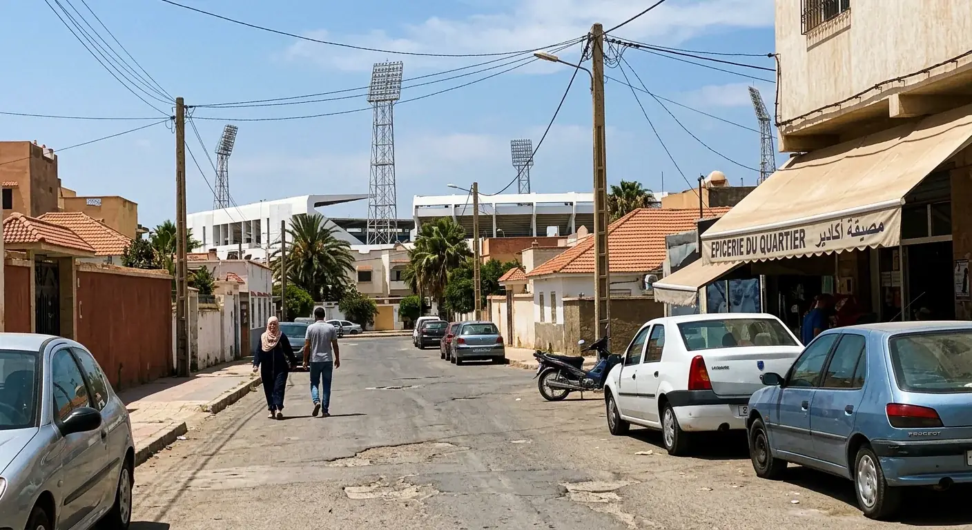 Residential street in Agadir with Adrar Stadium's floodlight towers visible in the background