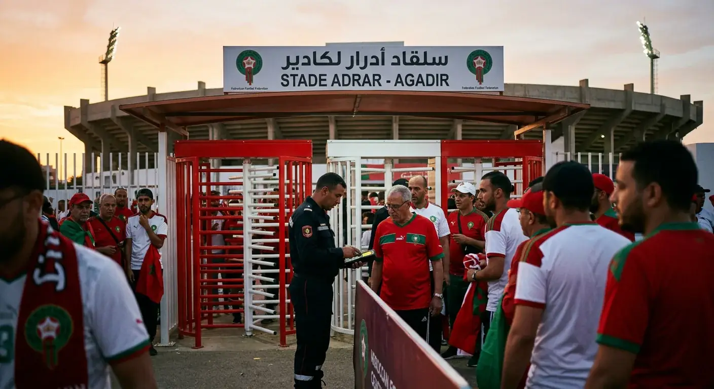 Fans queuing at the turnstile entrance gates of Adrar Stadium on matchday