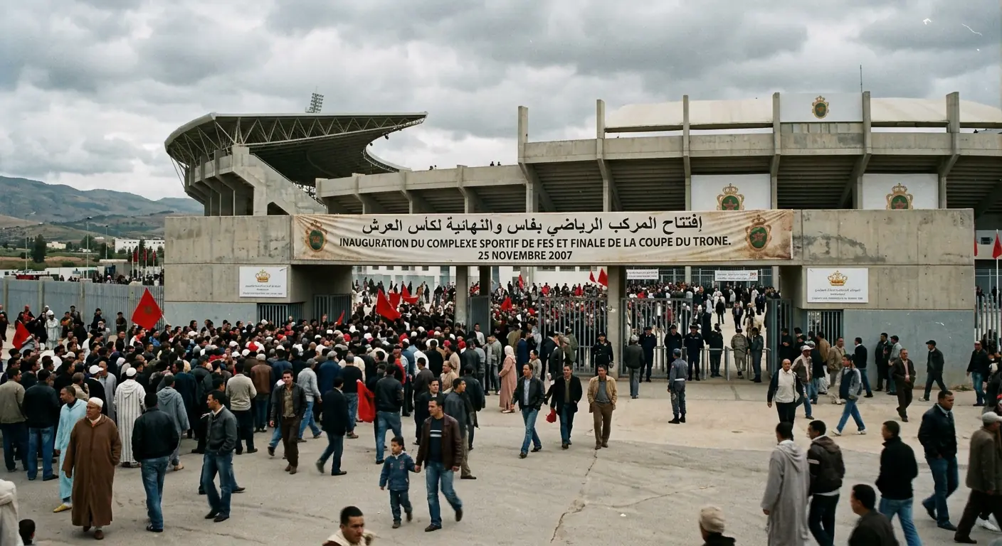 Archival-style photograph from Fez Grand Stadium's 2007 inauguration