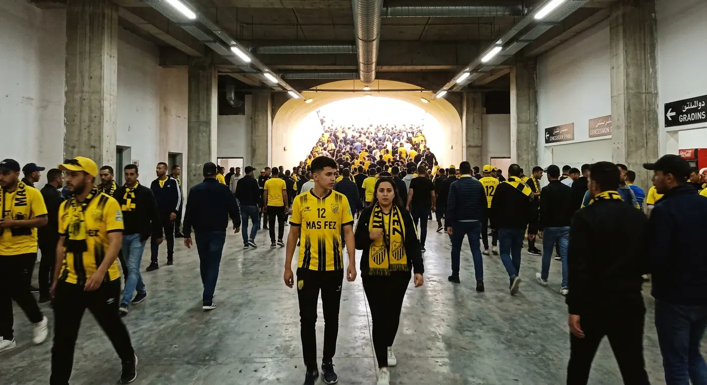 Fans walking through the concourse at Fez Grand Stadium on matchday