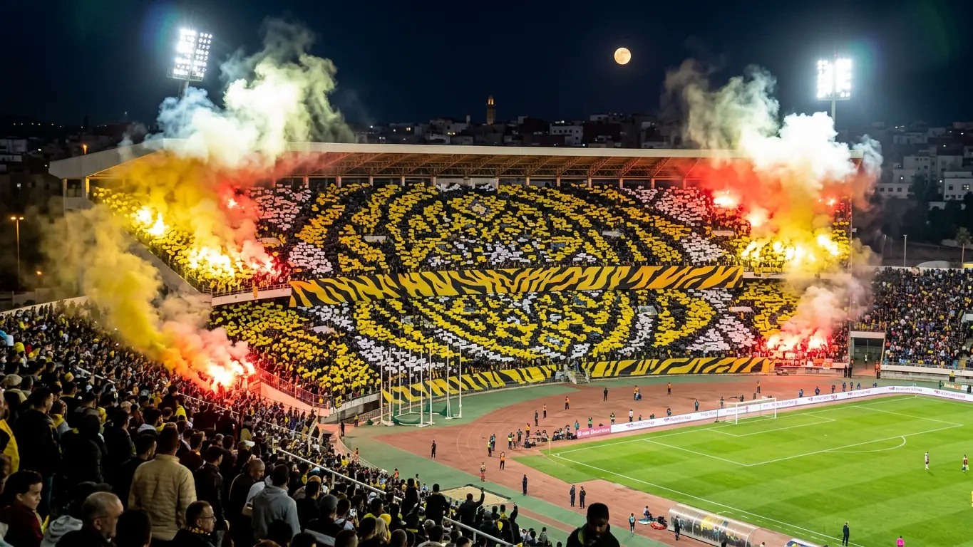 Fatal Tigers ultras displaying a tifo at Fez Grand Stadium during a MAS Fez match