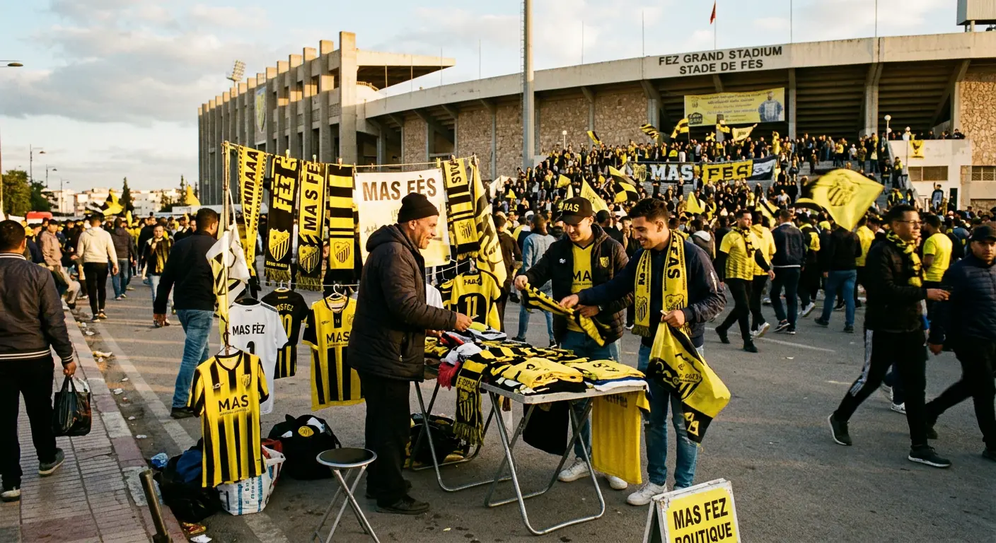 Street vendor selling MAS Fez scarves and merchandise outside Fez Grand Stadium on matchday