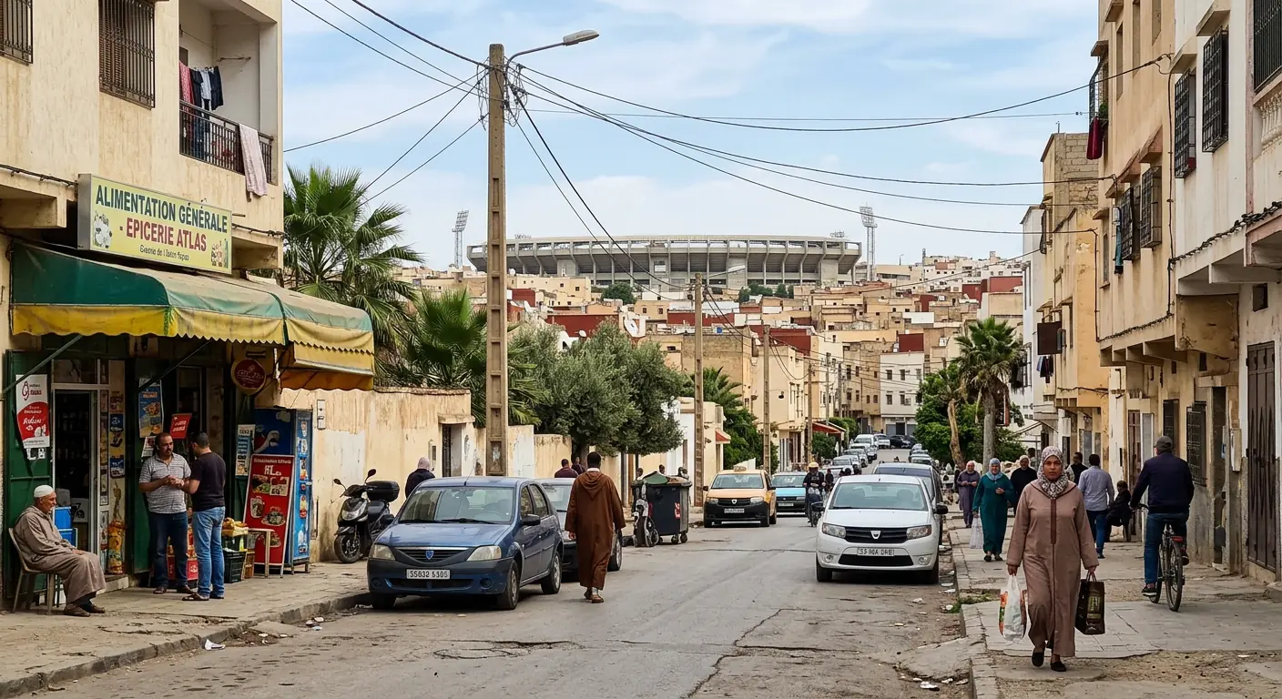 Residential street in Fez with the stadium visible in the background