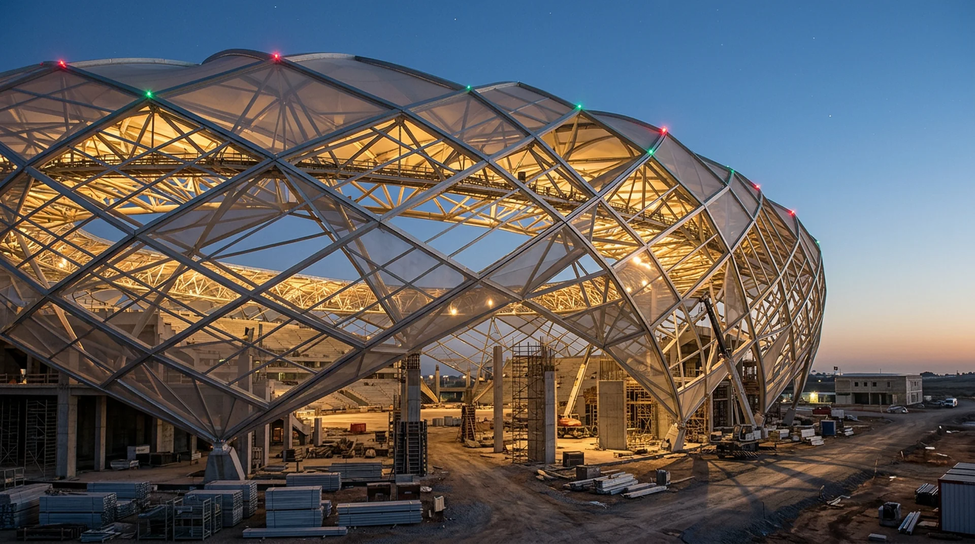 Grand Stade Hassan II aluminium lattice roof canopy under construction, Populous and Oualalou + Choi tent-inspired design, El Mansouria near Casablanca