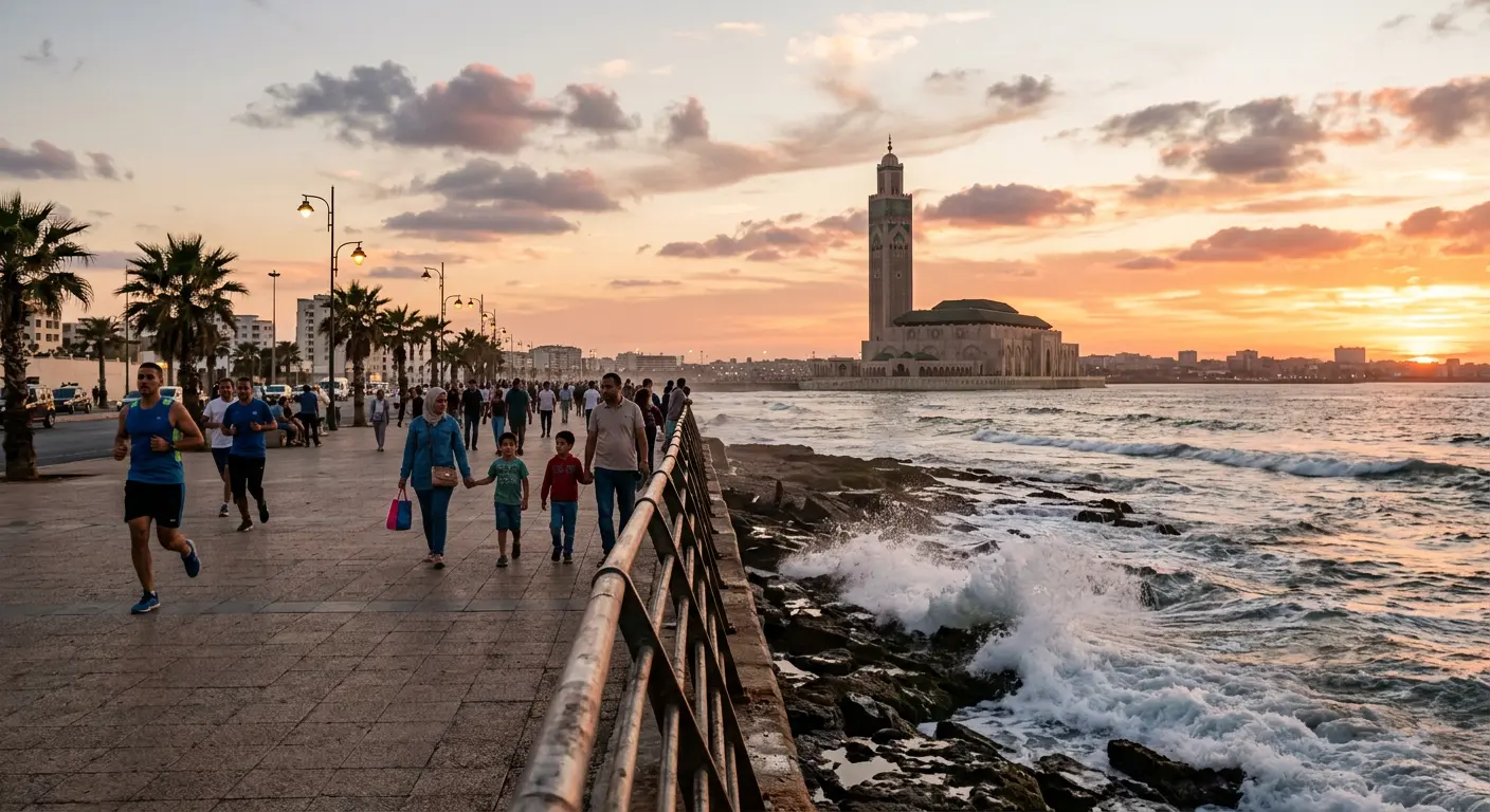 Casablanca's Corniche waterfront with the Hassan II Mosque visible, the recommended area to stay for Hassan II Stadium visitors