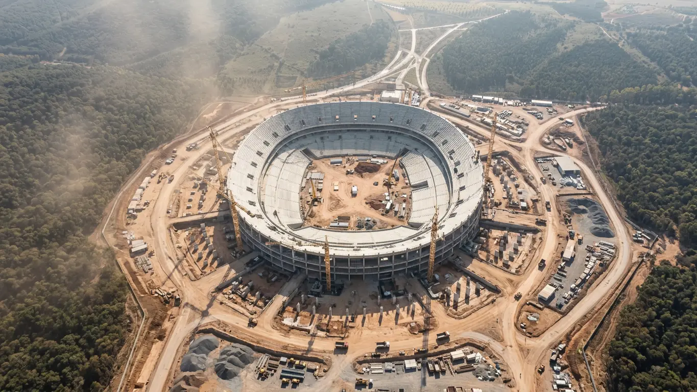 Aerial view of Hassan II Stadium under construction, the future 115,000-seat stadium taking shape near Casablanca