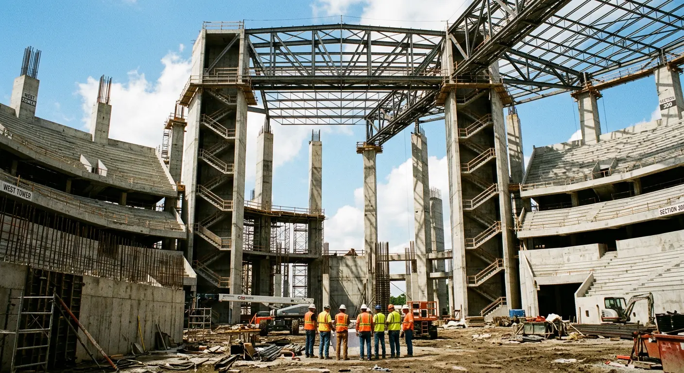 Current construction progress at Hassan II Stadium, the structural bowl and roof lattice taking shape, El Mansouria near Casablanca