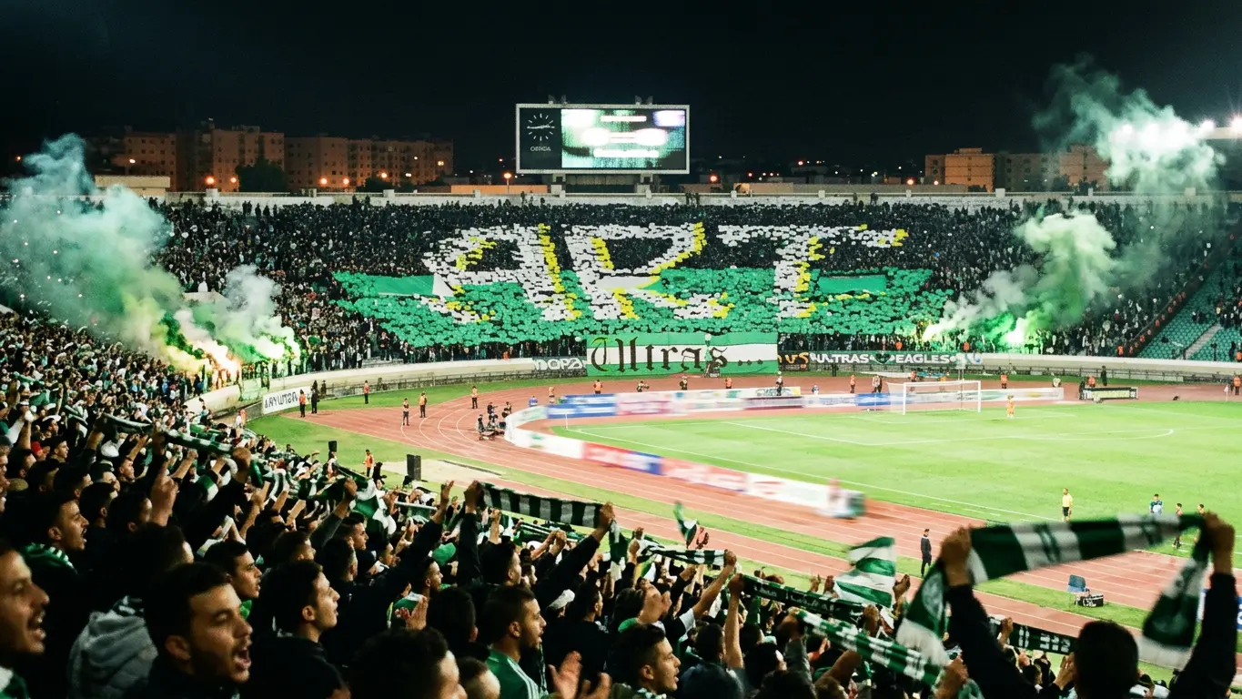 Raja Casablanca and Wydad AC ultras tifo display during the Casablanca Derby at Stade Mohammed V, the current home ground before the move to Hassan II Stadium