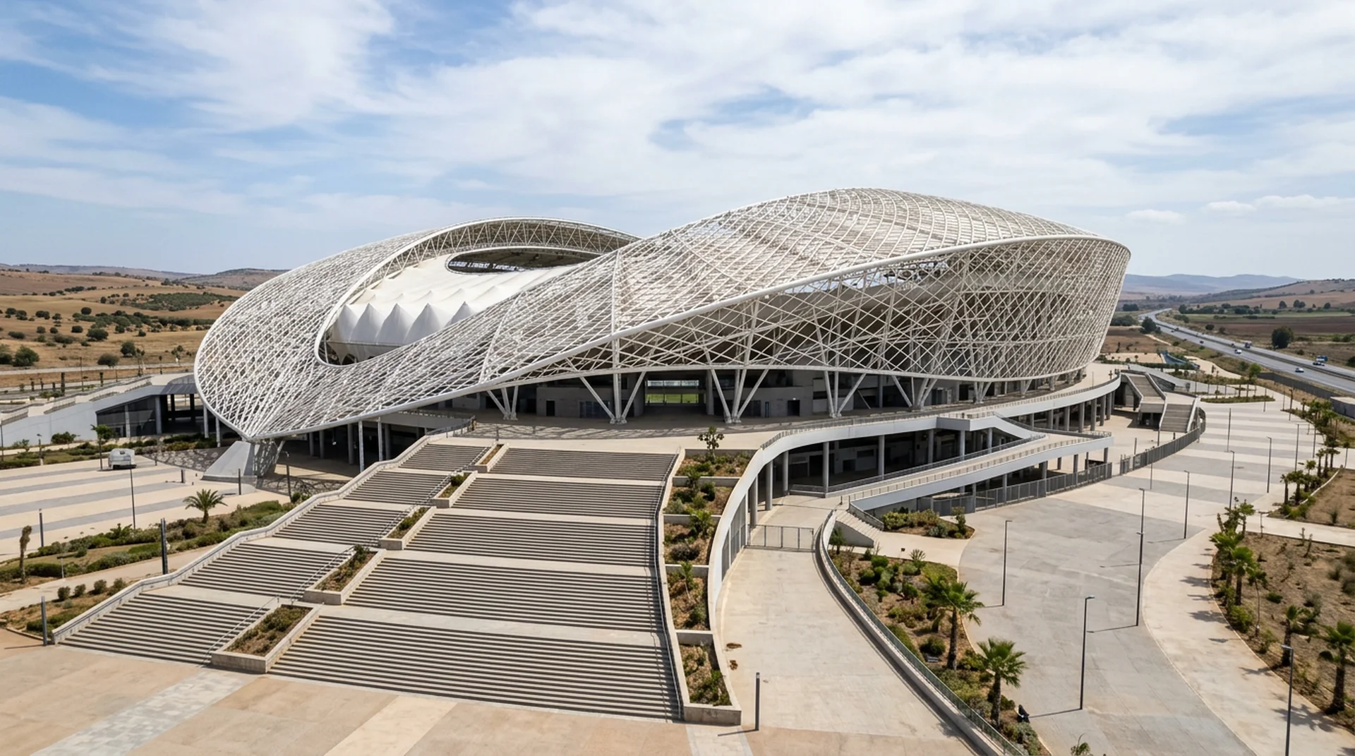 Hassan II Stadium exterior architectural render, the 115,000-seat moussem-inspired tented stadium in Casablanca, Morocco for World Cup 2030