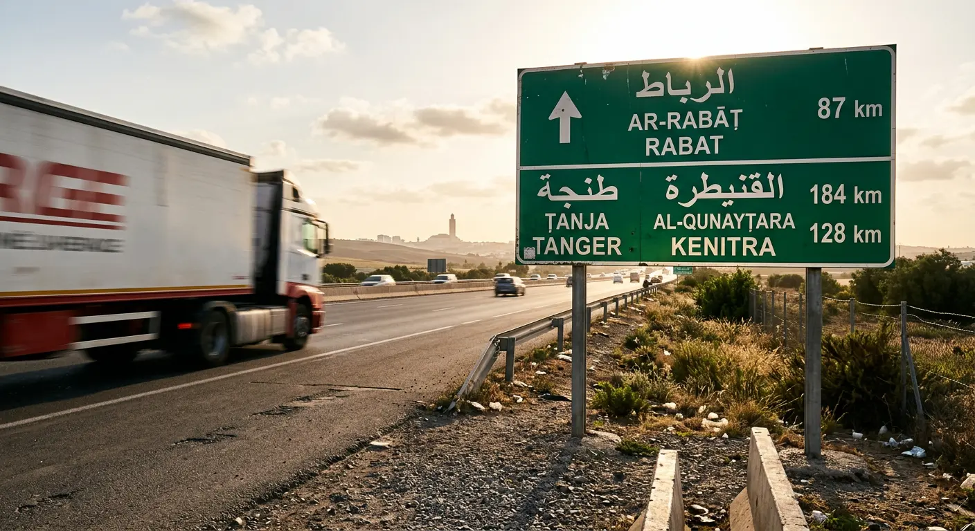 Moroccan highway road sign near Casablanca showing distances to Rabat and other cities