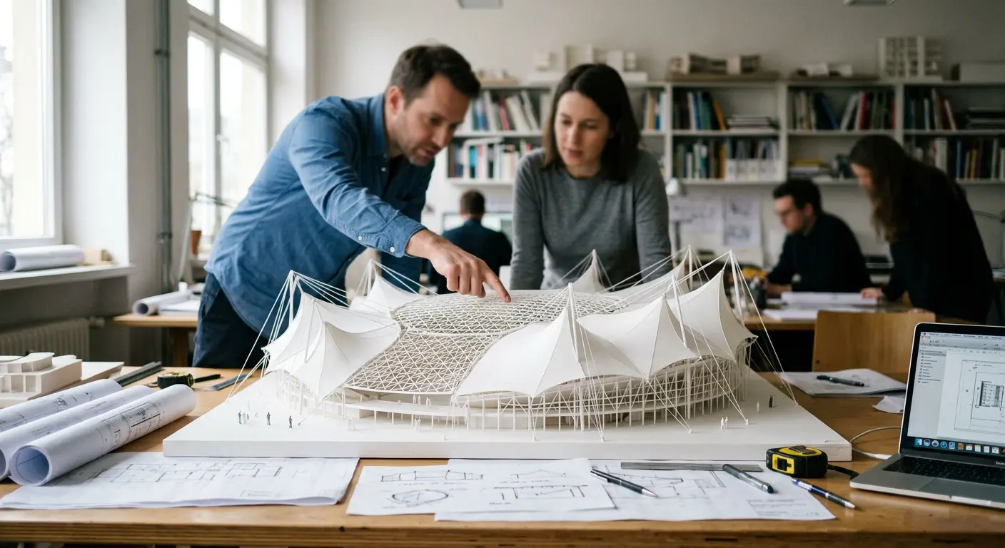 Architects reviewing a physical scale model of Hassan II Stadium's tent-inspired design, El Mansouria near Casablanca