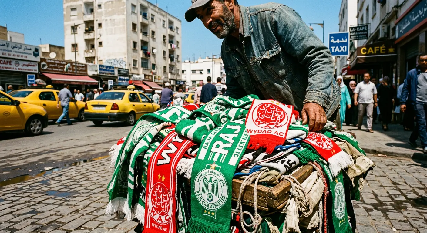 Street vendor selling Raja Casablanca and Wydad AC scarves near Stade Mohammed V, Casablanca