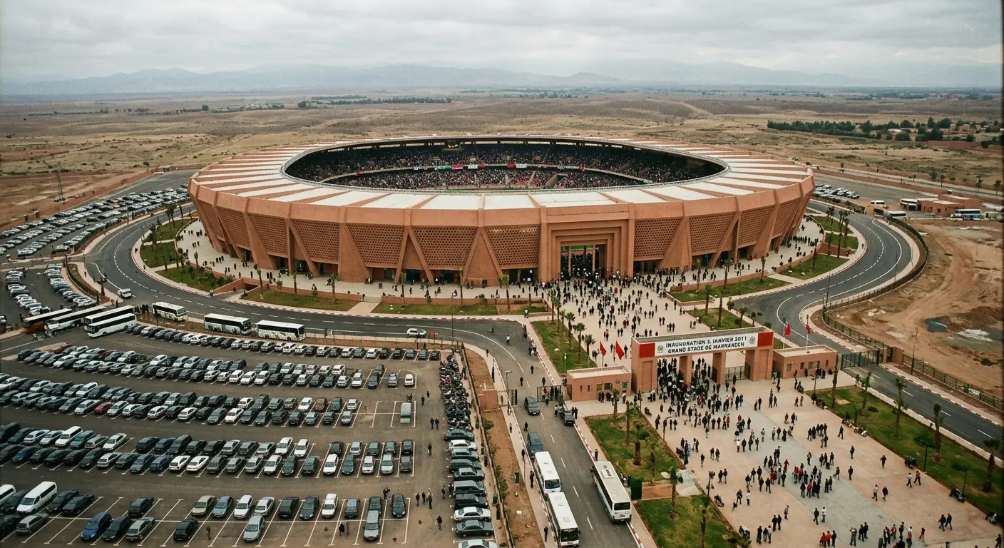 Archival-style photograph from Grand Stade de Marrakech's January 2011 opening day inauguration