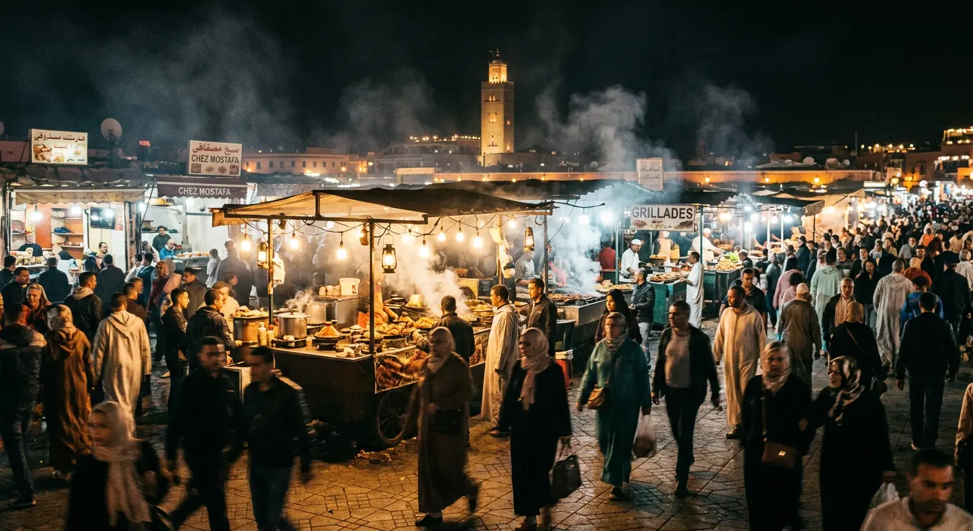 Jemaa el-Fna square in Marrakech's medina, the recommended area to stay for Grand Stade de Marrakech visitors
