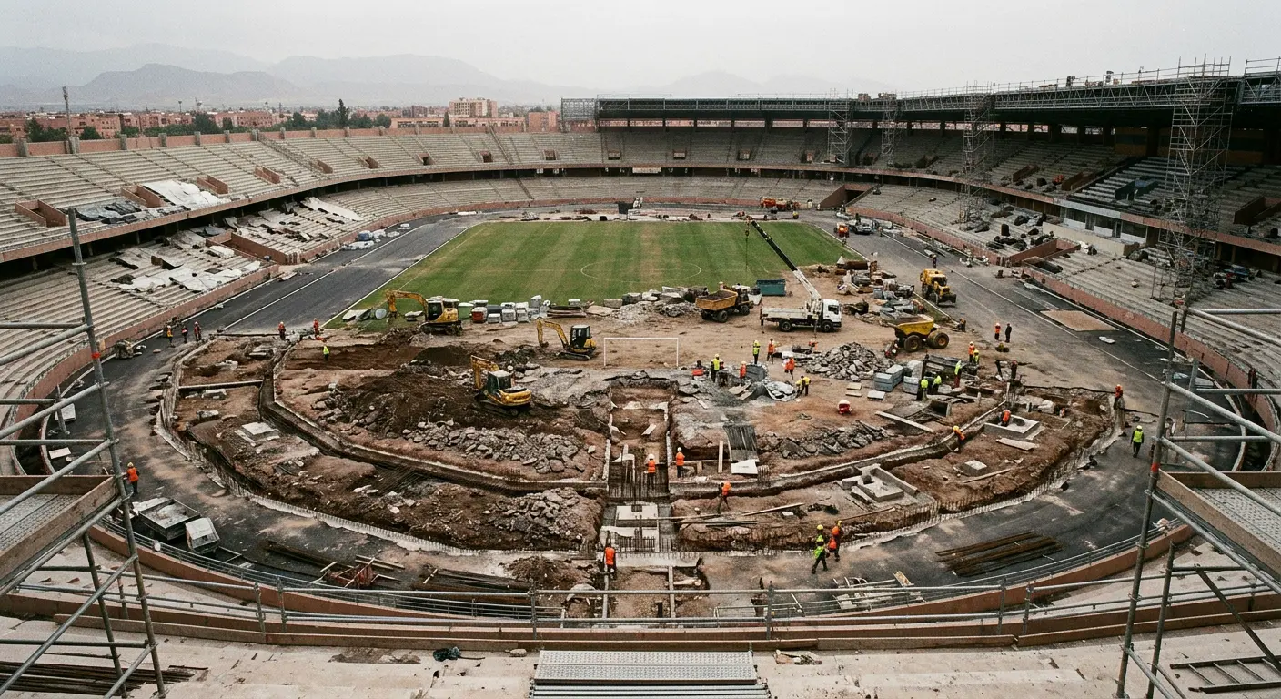 Phase 2 renovation construction work under way at Grand Stade de Marrakech, removing the athletics track ahead of the 2030 World Cup
