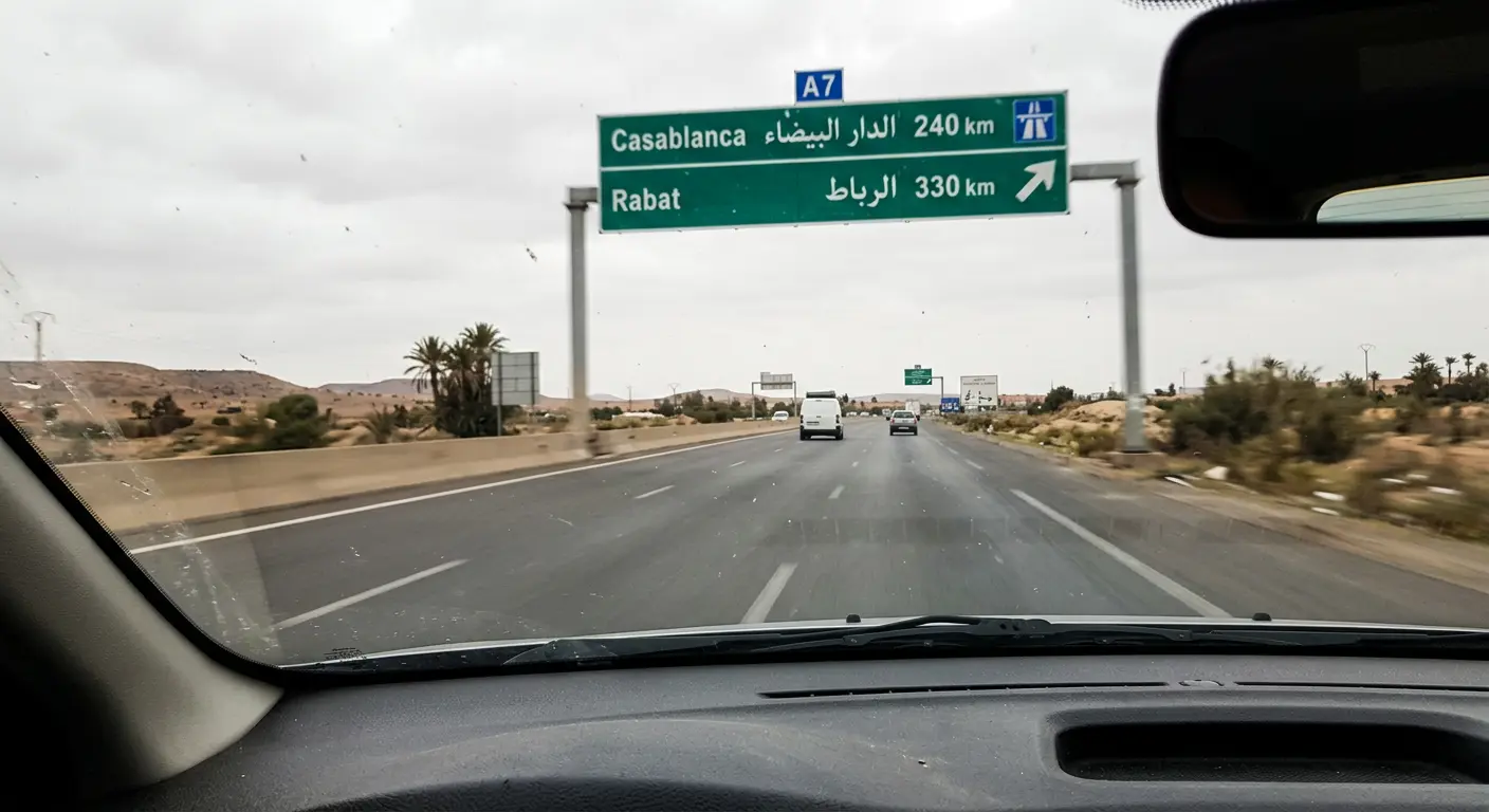 Moroccan highway road sign near Marrakech showing distances to Casablanca and other cities