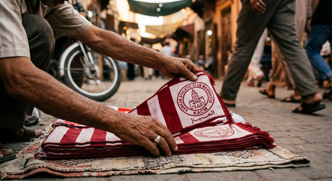 Street vendor selling Kawkab Athletic Club Marrakech scarves and flags on matchday