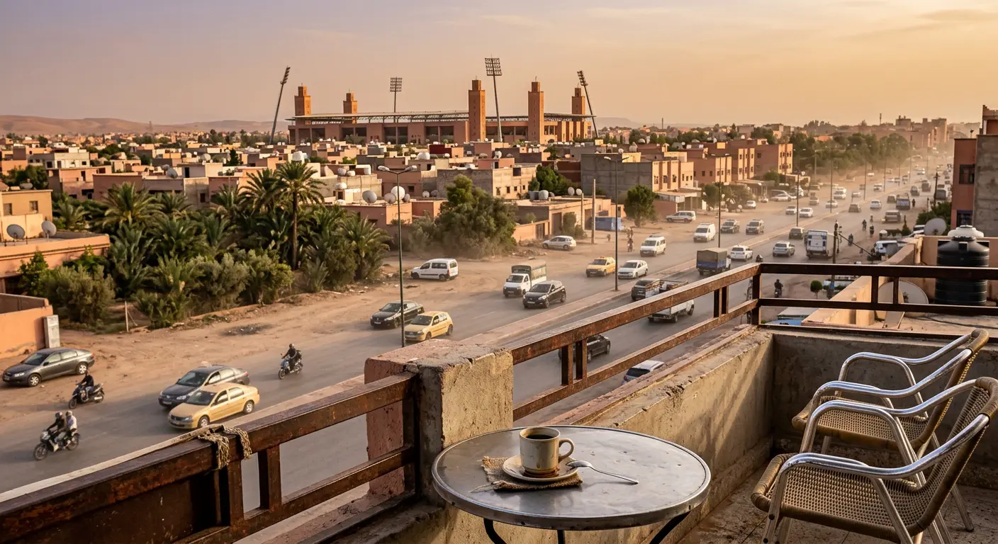 Street on the RN9 approach to Marrakech with Grand Stade de Marrakech visible in the background