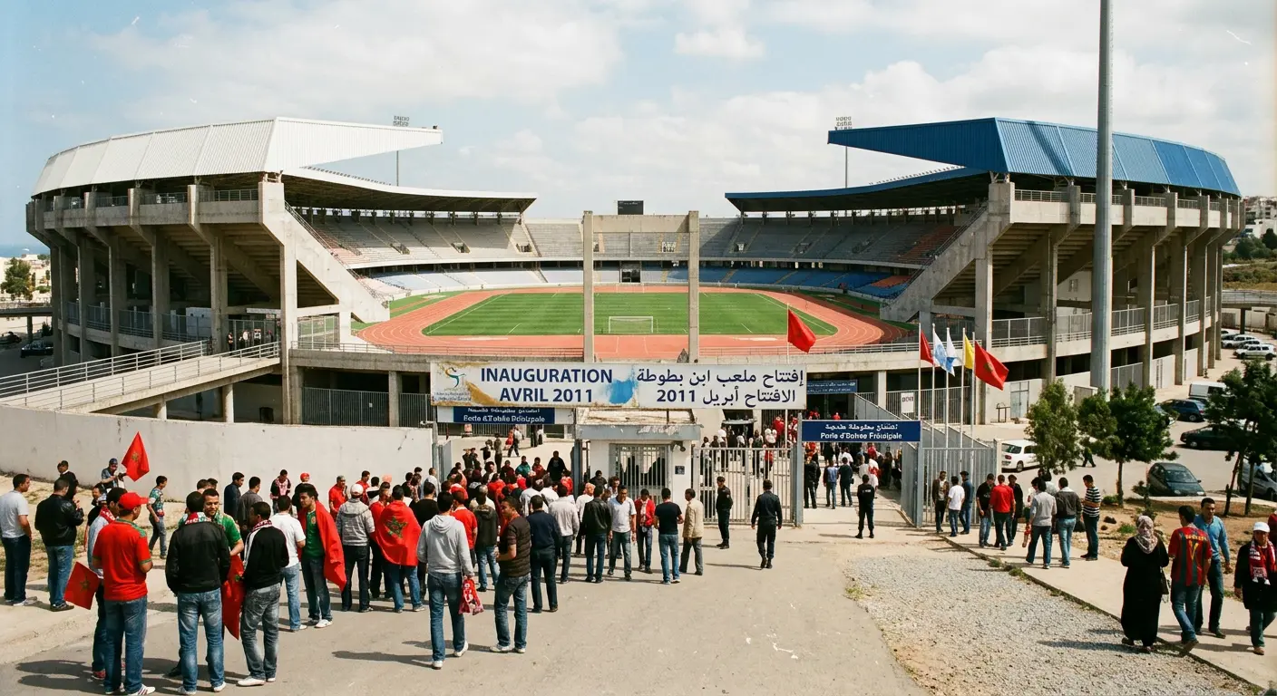 Archival-style photograph of Ibn Batouta Stadium's April 2011 opening, with its original athletics track configuration