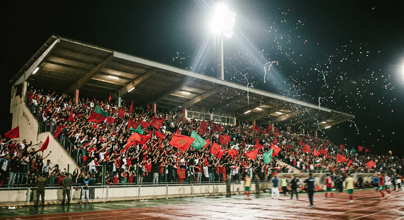 Full-capacity crowd celebration at Ibn Batouta Stadium during Morocco's 2-1 friendly win over Brazil, March 2023