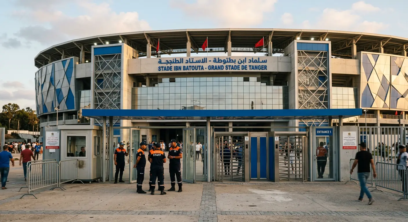 Ibn Batouta Stadium's main entrance today, following the completed 2025 football-specific renovation