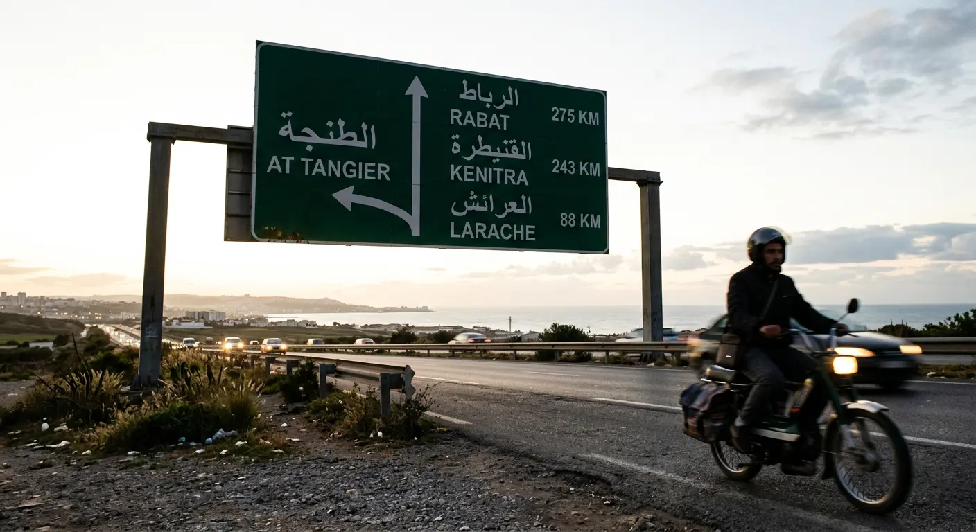 Moroccan highway road sign near Tangier showing distances to Rabat and other cities