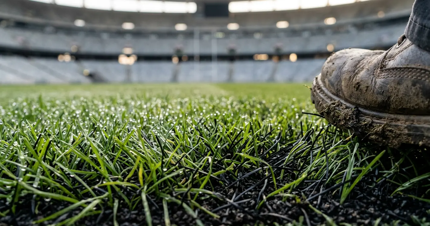 Close-up of Ibn Batouta Stadium's hybrid natural grass and synthetic fibre pitch, the first of its kind in Africa