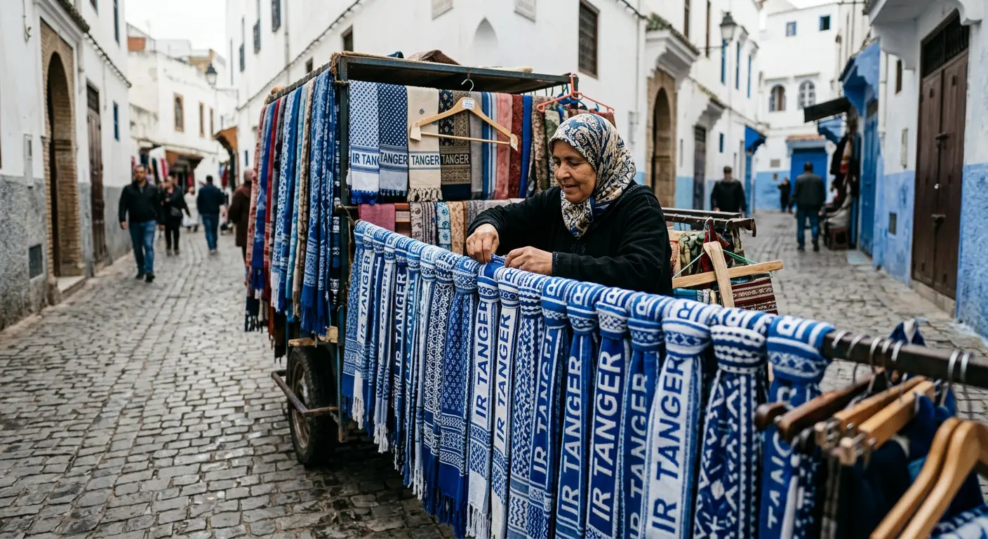Street vendor selling IR Tanger scarves near Ibn Batouta Stadium, Tangier