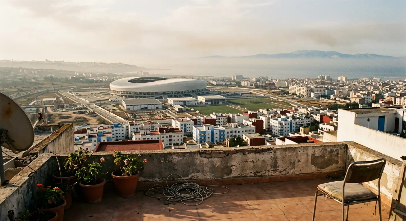 Street on the approach to Tangier's Sports City, with Ibn Batouta Stadium visible in the background