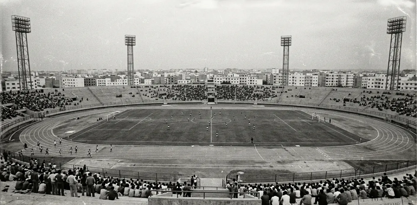 Archival-style photograph of the original 1983 Stade Moulay Abdellah, Rabat, before its 2023 demolition