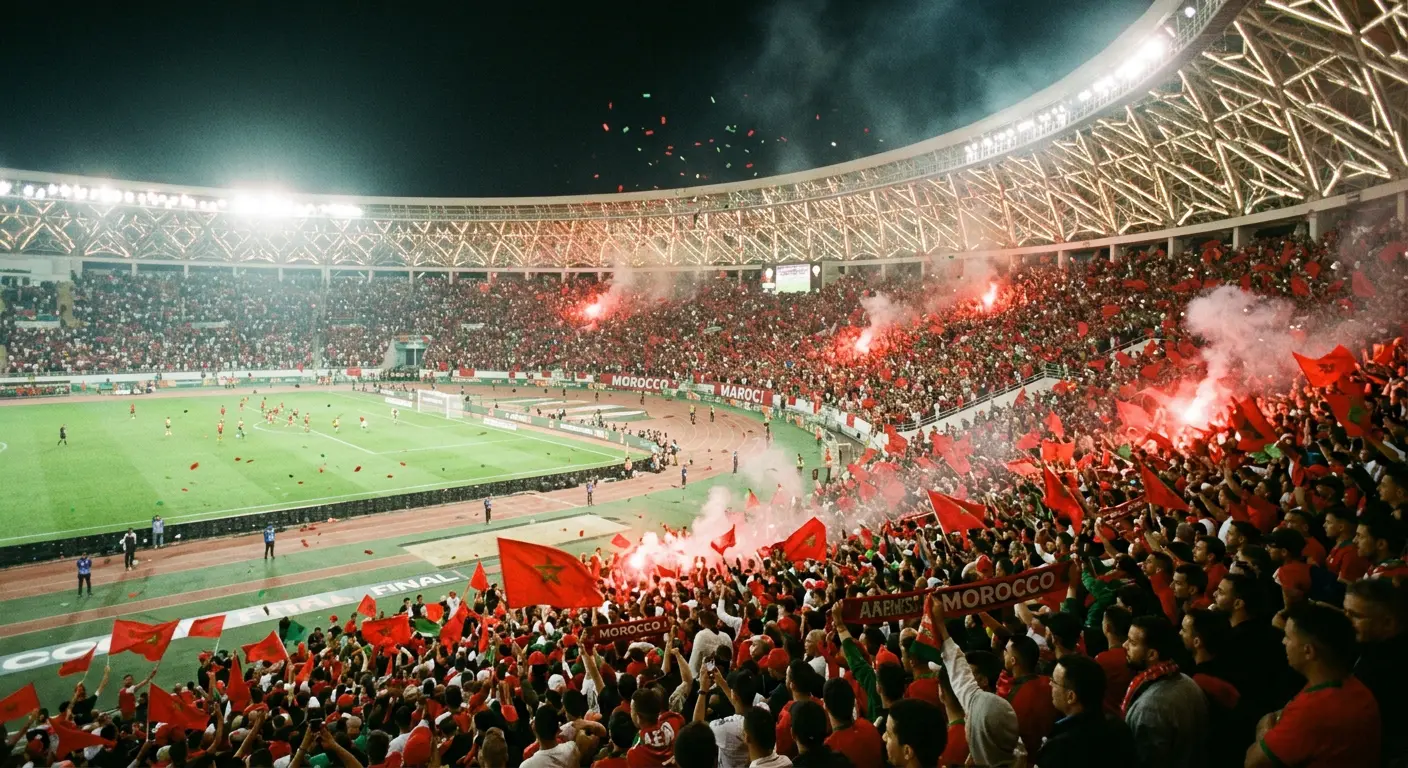 Crowd celebration at Prince Moulay Abdellah Stadium during the AFCON 2025 final, Rabat