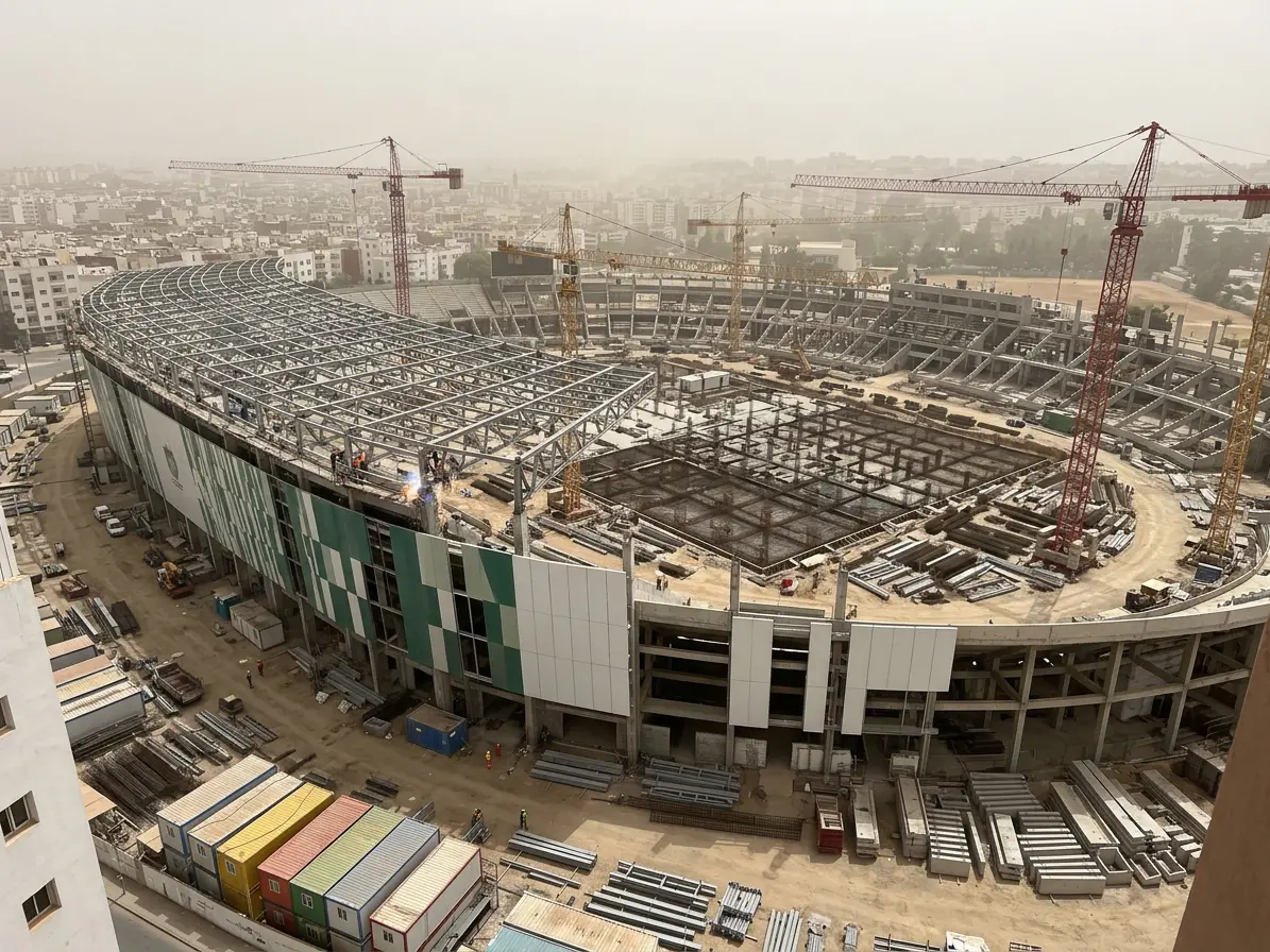 Construction progress of Prince Moulay Abdellah Stadium's rebuild, Rabat, completed in under two years