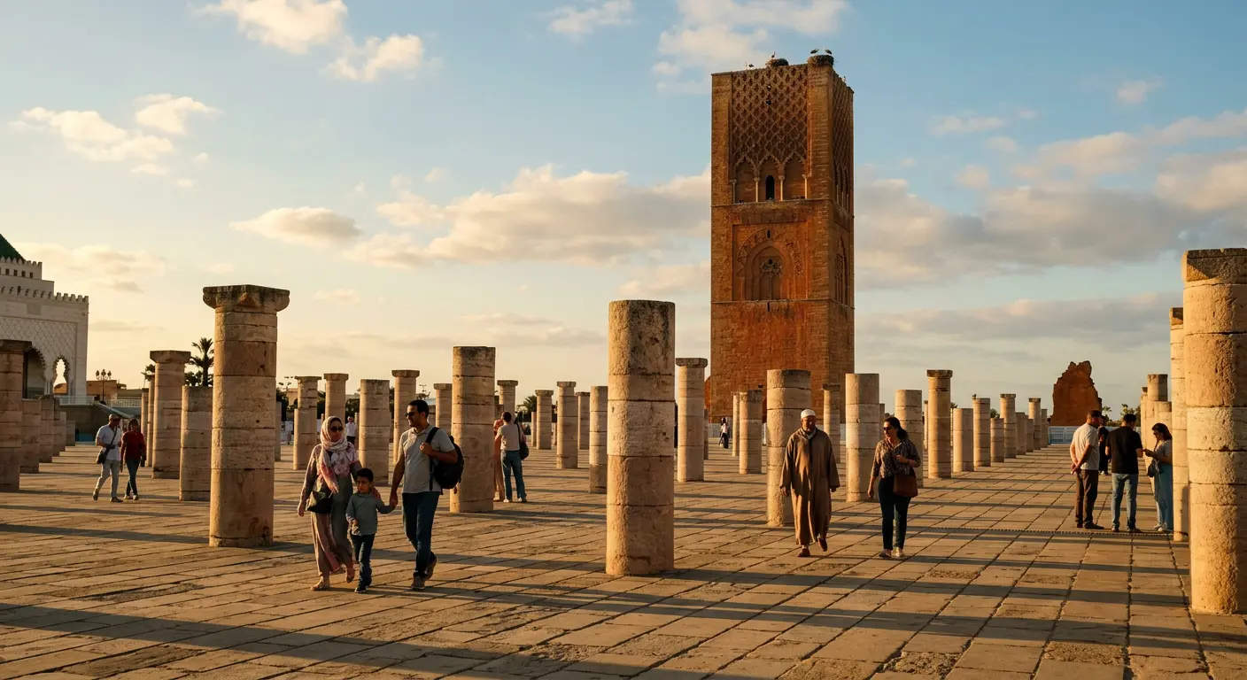 Hassan Tower and the Mausoleum of Mohammed V in Rabat, the recommended area to stay for Prince Moulay Abdellah Stadium visitors