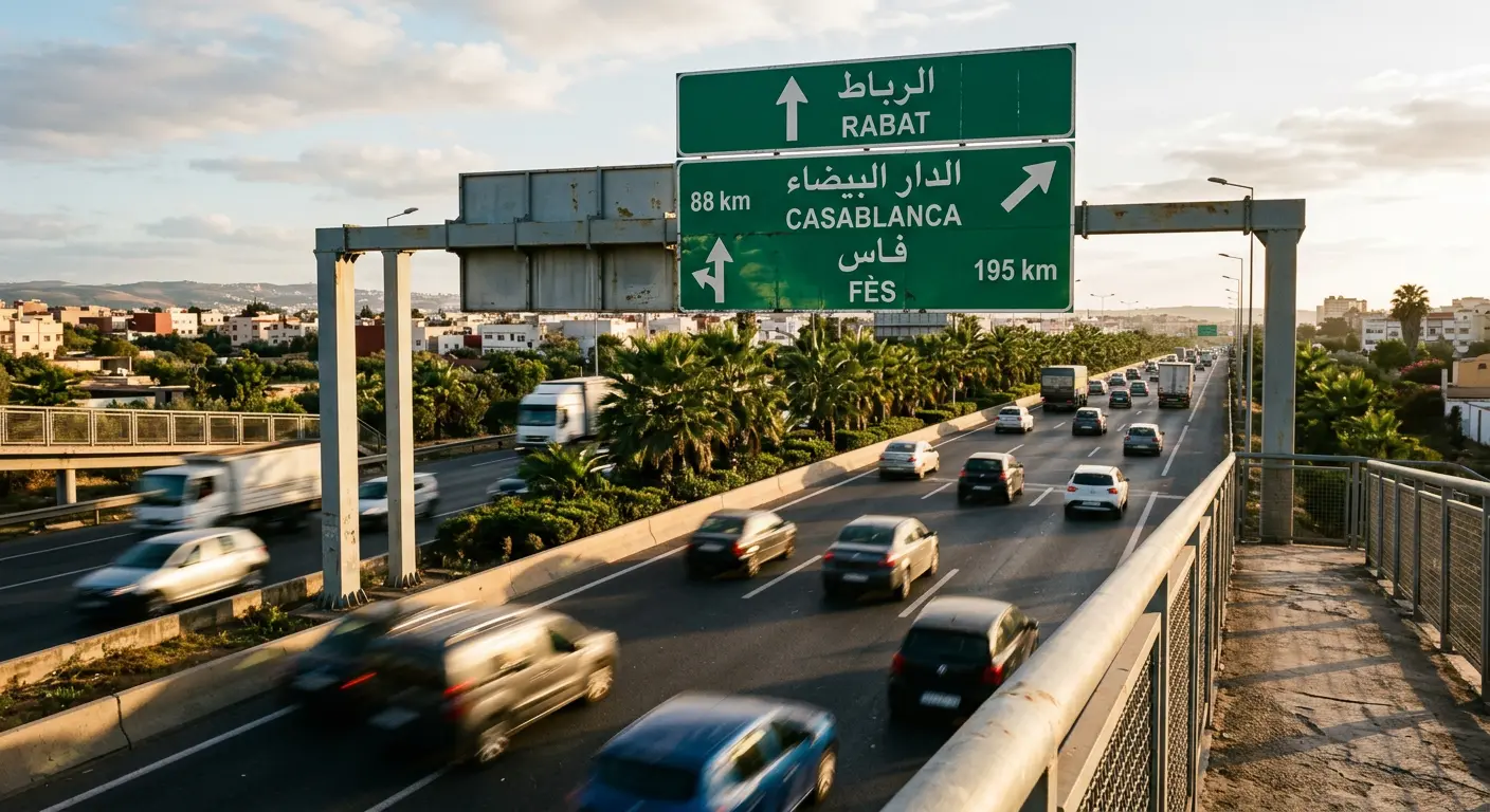 Moroccan highway road sign near Rabat showing distances to Casablanca and other cities