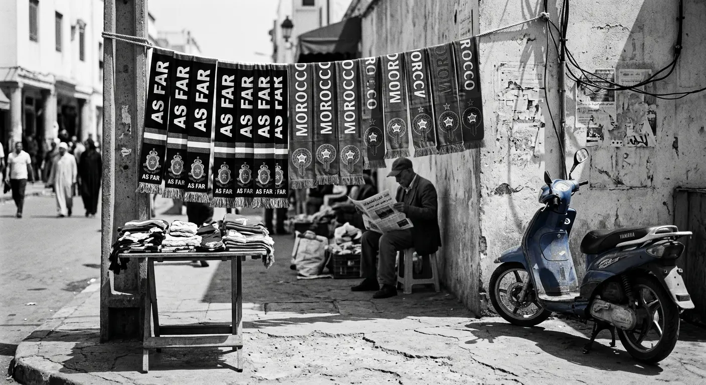 Street vendor selling AS FAR and Morocco national team scarves near Prince Moulay Abdellah Stadium