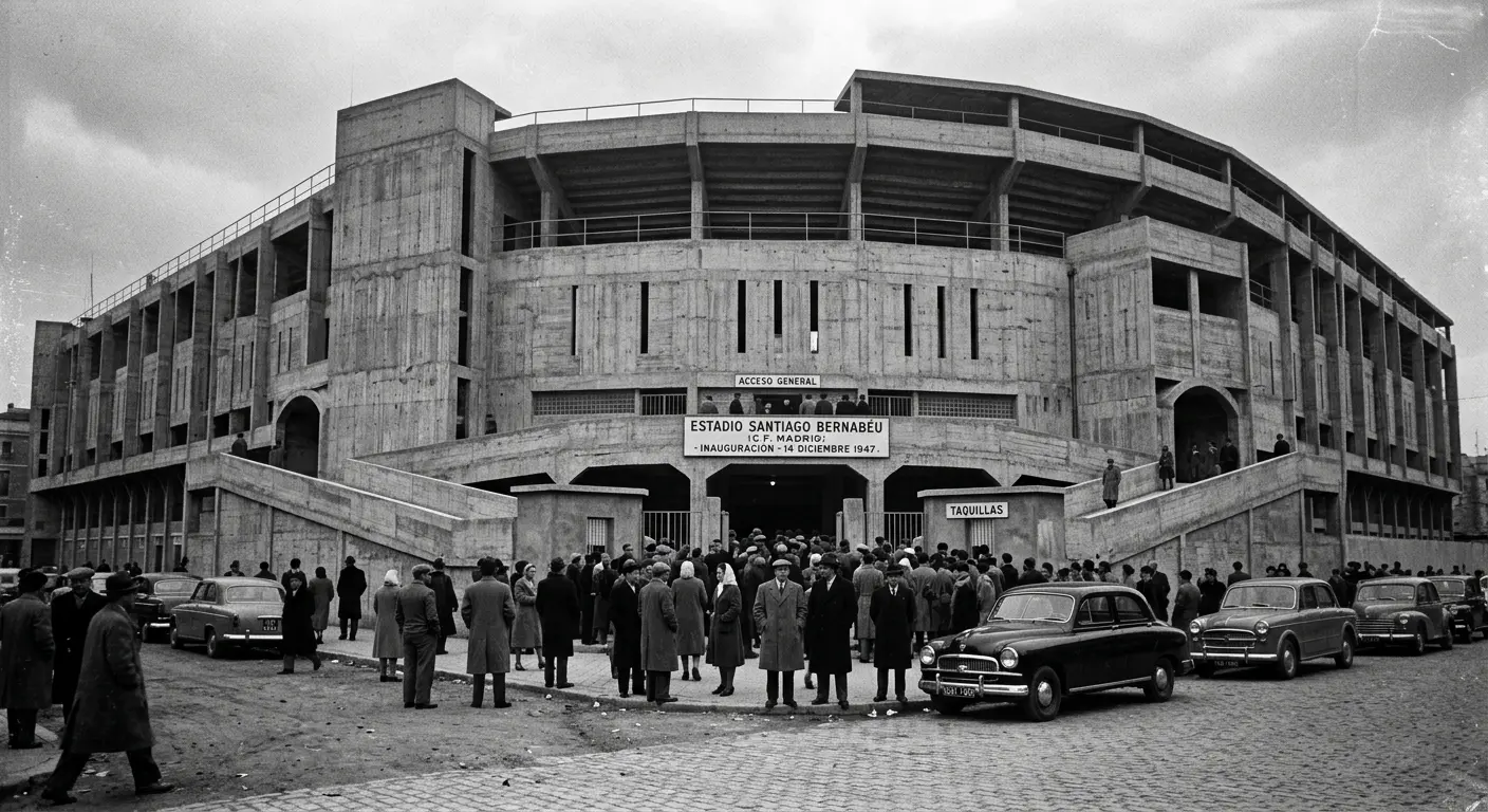 Archival-style photograph of Santiago Bernabéu Stadium's 1947 opening, Madrid