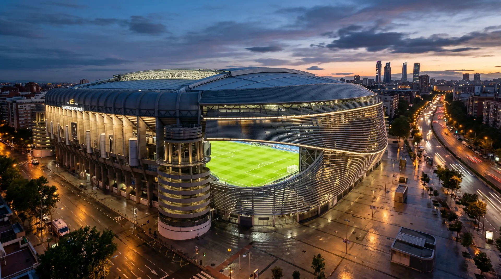 Santiago Bernabeu stadium exterior in Madrid at dusk