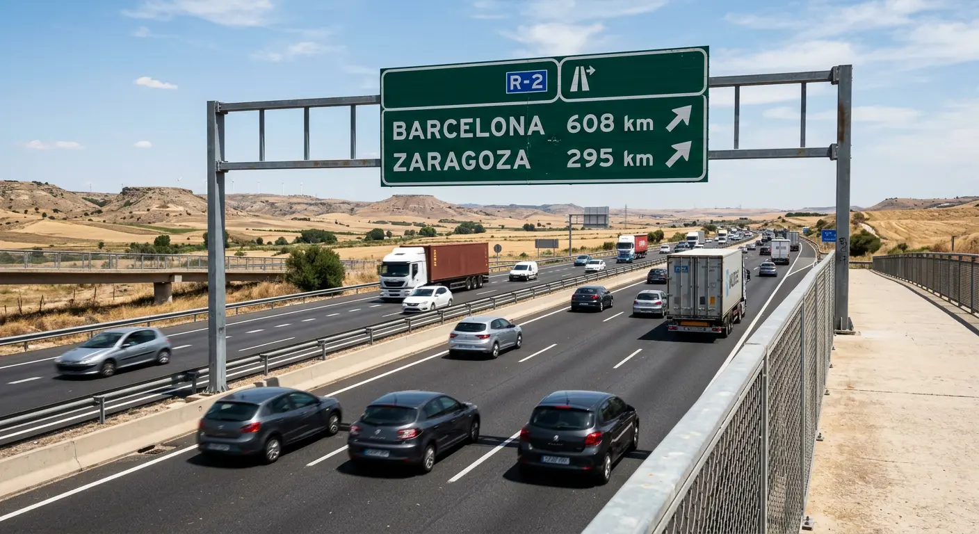 Spanish highway road sign near Madrid showing distances to Barcelona and other cities
