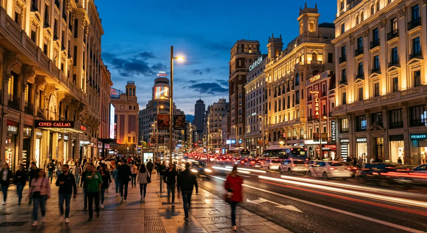 Gran Vía at dusk, Madrid, the recommended area to stay for Santiago Bernabéu visitors