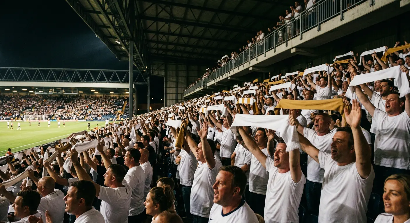 Real Madrid fans singing at Santiago Bernabéu Stadium, the south stand of the Grada Fans RMCF